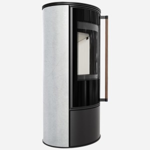 Piec wolnosotojący koza ERIK Ø 150 5,5 kW ozdobna ceramika akumulacyjna WHITE NATURAL, klamka z drewna egzotycznego Jatoba