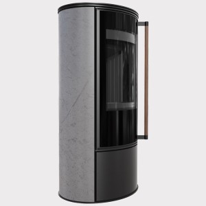 Piec wolnosotojący koza ERIK Ø 150 5,5 kW ozdobna ceramika akumulacyjna GREY SATIN, czarne wyłożenie, klamka z drewna egzotycznego Jatoba