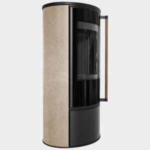 Piec wolnosotojący koza ERIK Ø 150 5,5 kW ozdobna ceramika akumulacyjna GOLD SATIN, czarne wyłożenie, klamka z drewna egzotycznego Jatoba